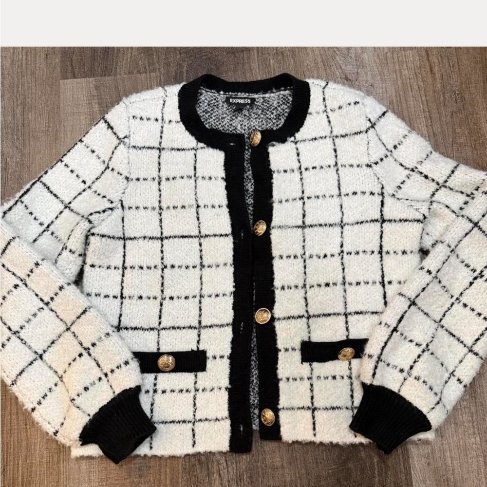 Express Women's Checkered Tweed Blazer with Gold Accents